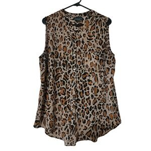 Bold Elements Womens Leopard Top Button Down Sleeveless Animal Print Tan XL